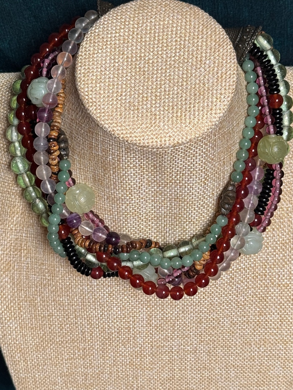 Multi strand Boho Torsade necklace mixed semiprecious stone and glass beads.